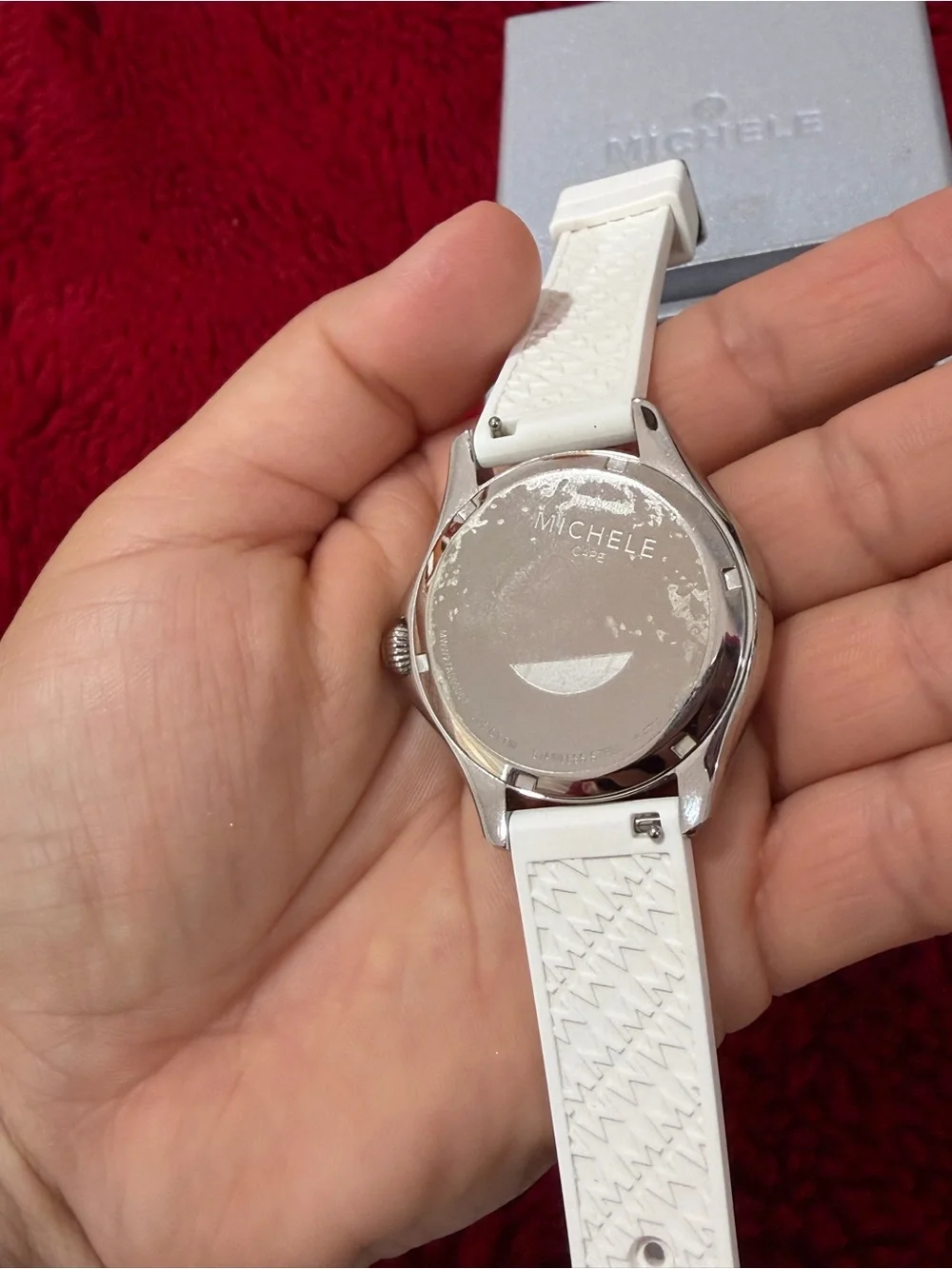 Michele White Leather Strap Silver-Tone Dial Ladies Watch
